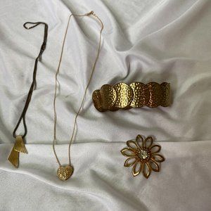 Gold Jewelry Lot: brooch, Two necklace and bracelet,Summer/Formal Wear; One Size
